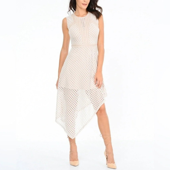 BCBG Max Azria Tracie Asymmetrical Hi Lo Lace Dress  Bare Pink Nude Sz Small - Picture 1 of 9